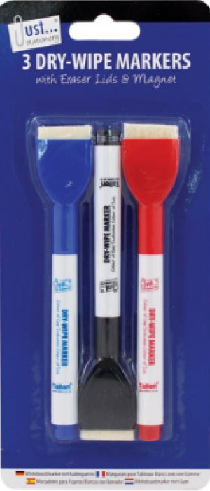 3 Dry Wipe Markers With Eraser Lids & Magnet