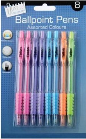 8 BALLPOINT PENS BRIGHT ASSORTED COLOURS